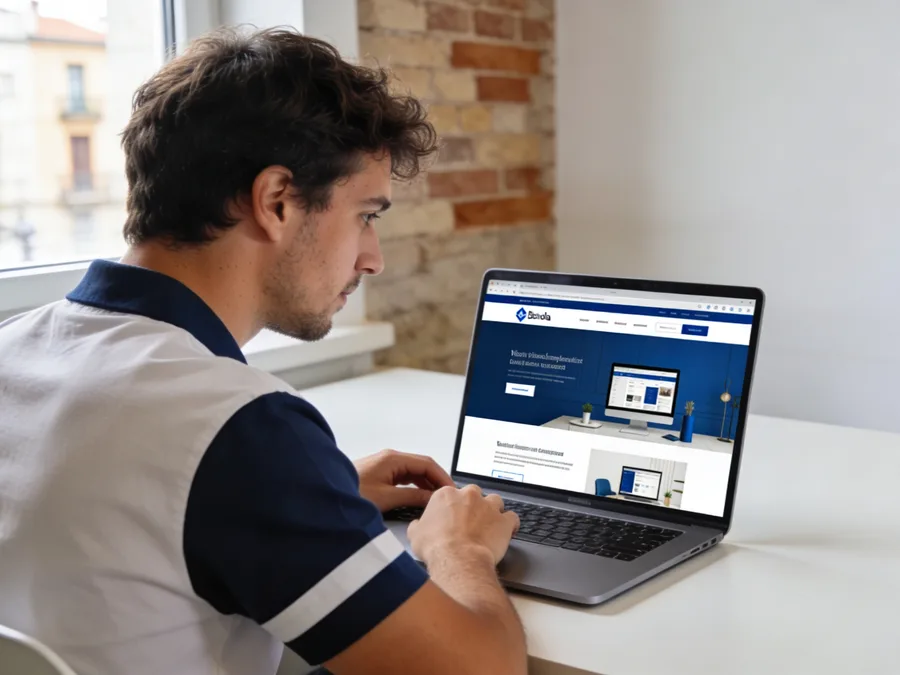 Diseñador web trabajando en un portátil que muestra una web corporativa moderna, en un estudio de Barcelona