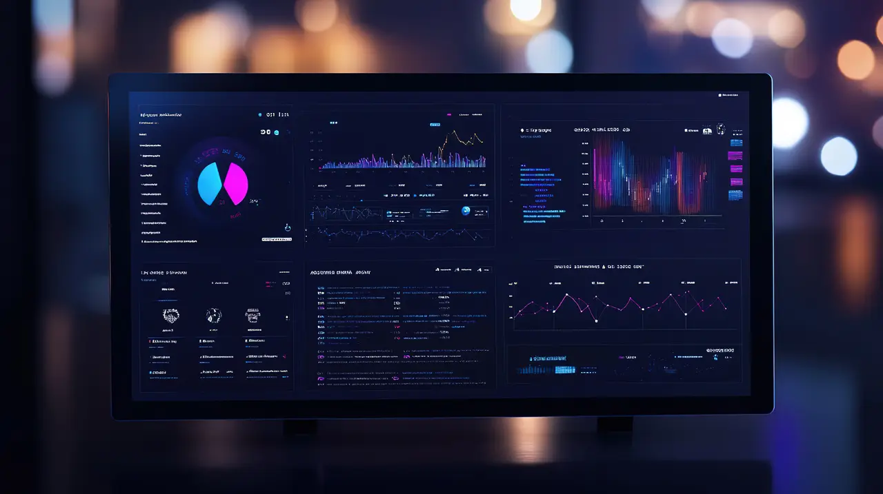 Panel de analítica y datos de un software empresarial en un monitor moderno